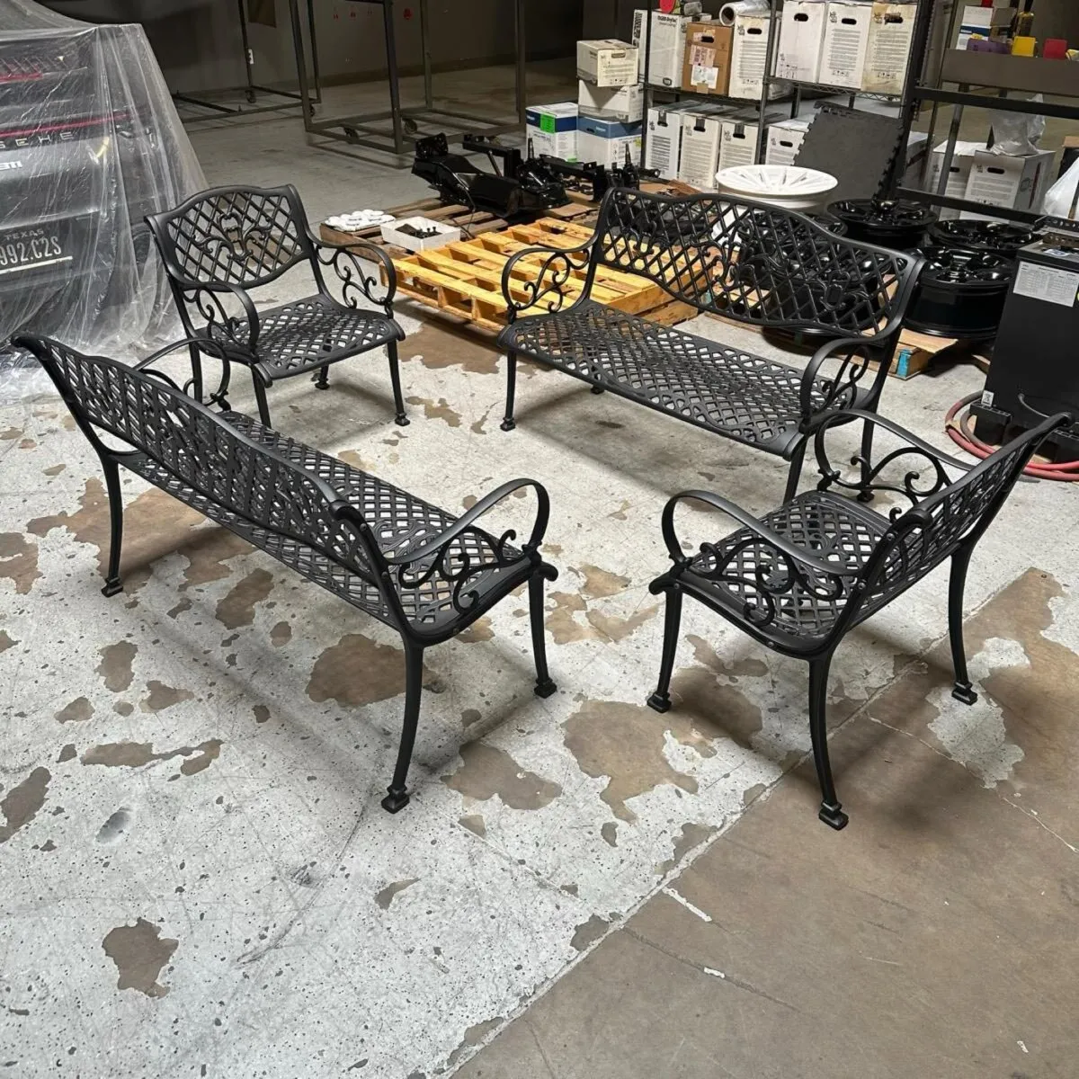 Cast aluminum patio set stripped and recoated in satin black.