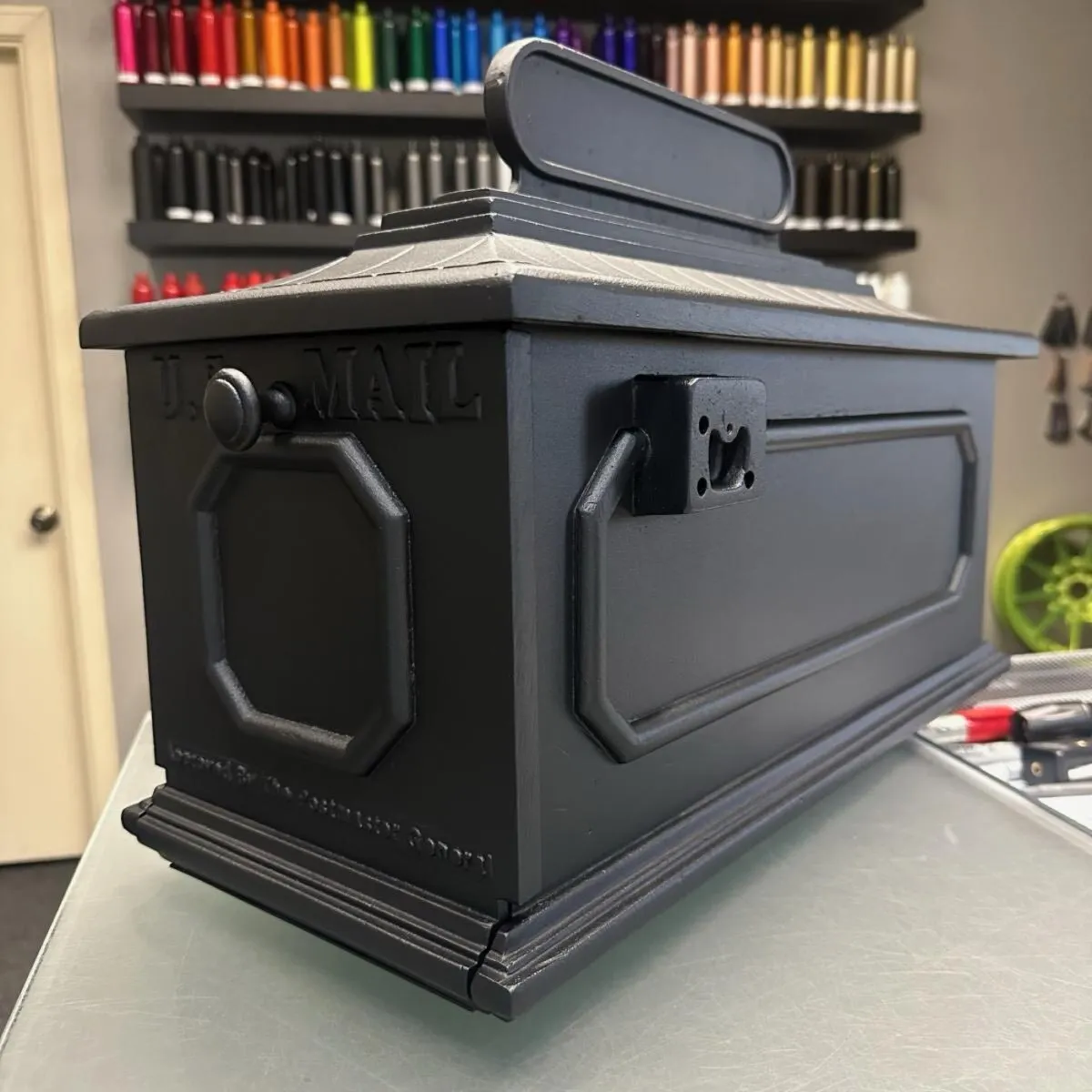 Steel storage box in textured black.