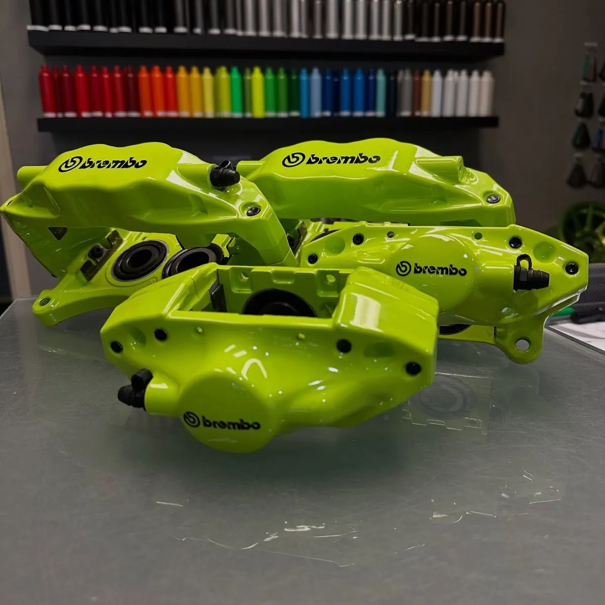 Subaru STI calipers in Manta Green with high gloss clear.