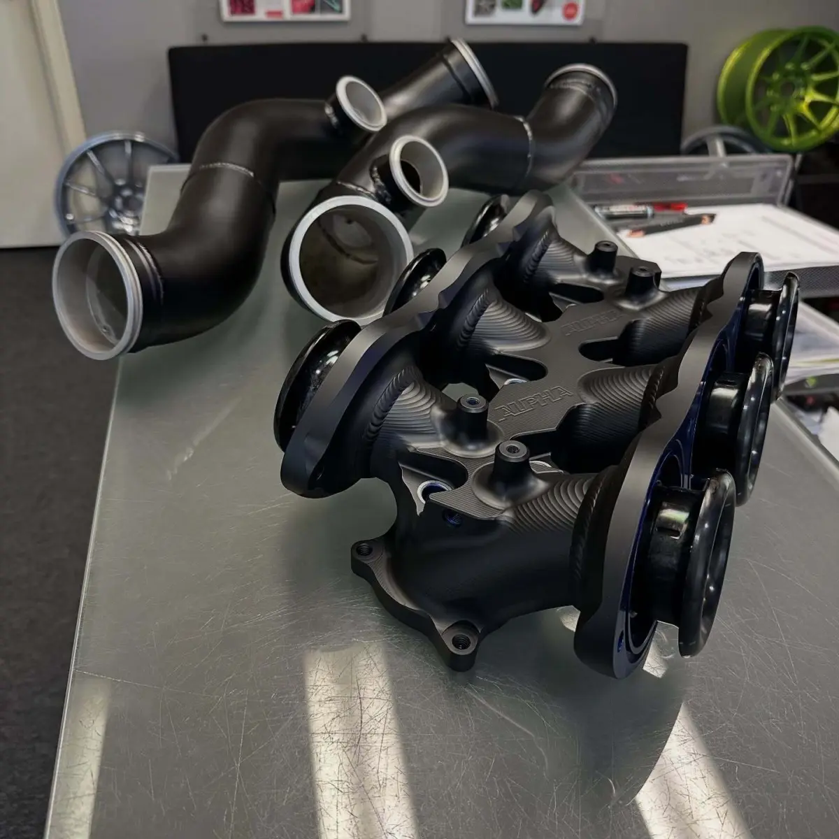 Intake manifold and piping refinished in Graphite Black Cerakote