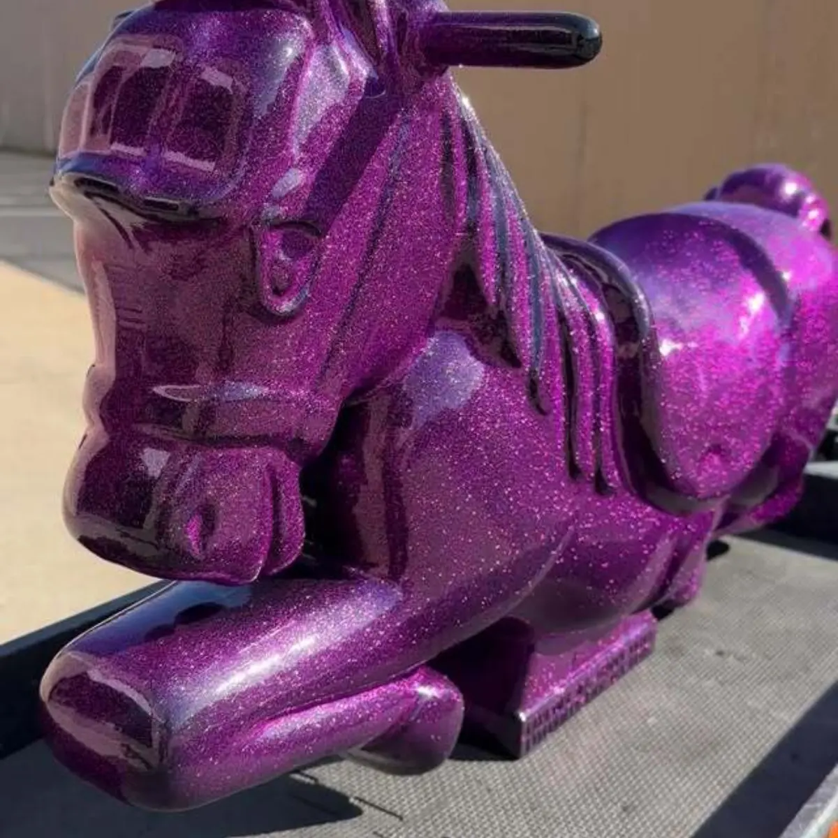 Coming soon to @monsteryogurt in Richardson! This will be a great addition to their indoor playground. Kids horse ride powder coated @prismaticpowders Disco Fuchsia