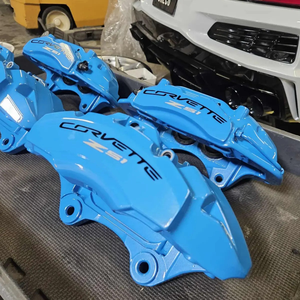 C8 Corvette brake calipers powder coated Paradise Shimmer with High Gloss Clear