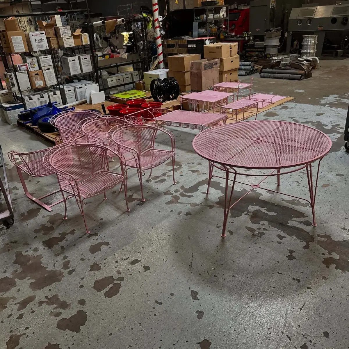 Patio set sandblasted and powder coated in a custom Retro-Pink