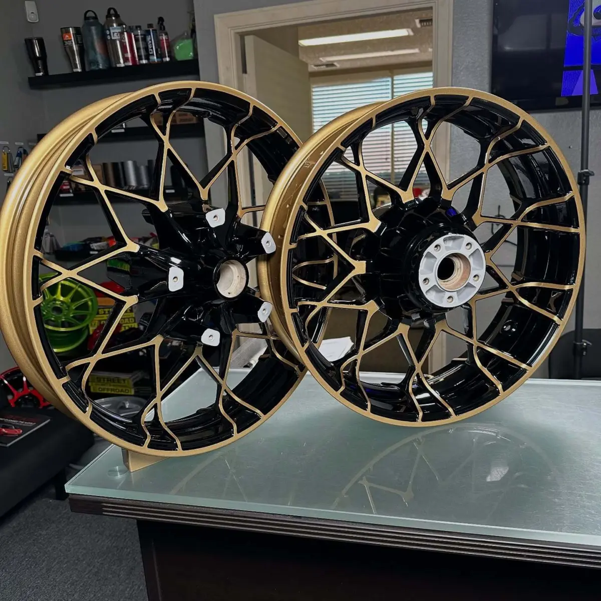 Harley Davidson wheels and parts powder coated Spanish Gold and Gloss Black