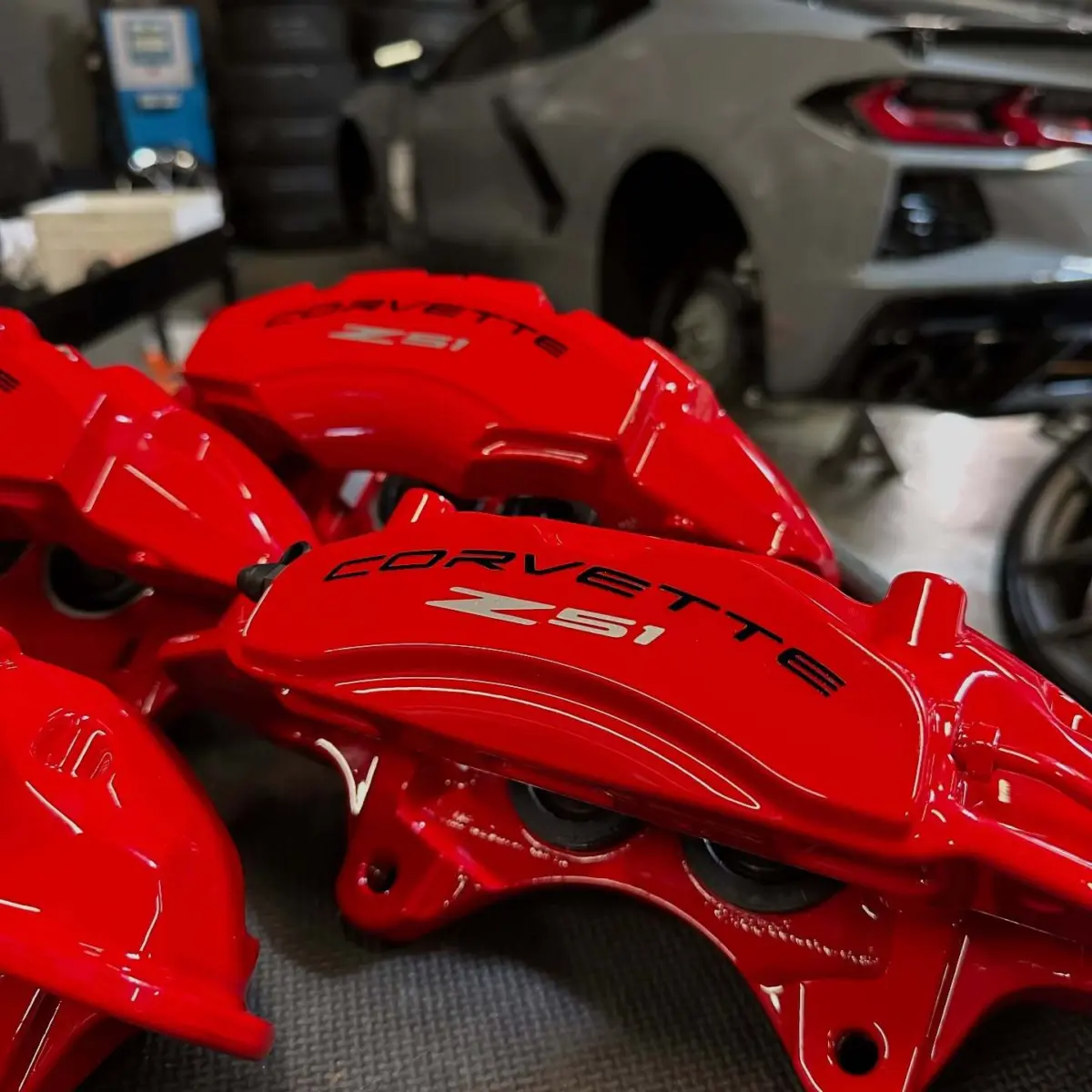C8 Corvette brake calipers powder coated in Bengal Red with High Gloss Clear