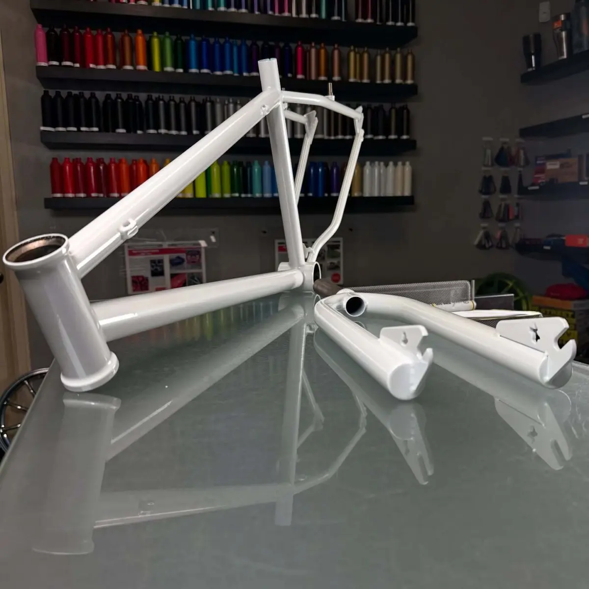 Lone star bicycle frame powder coated Pearlescent White with High Gloss Clear