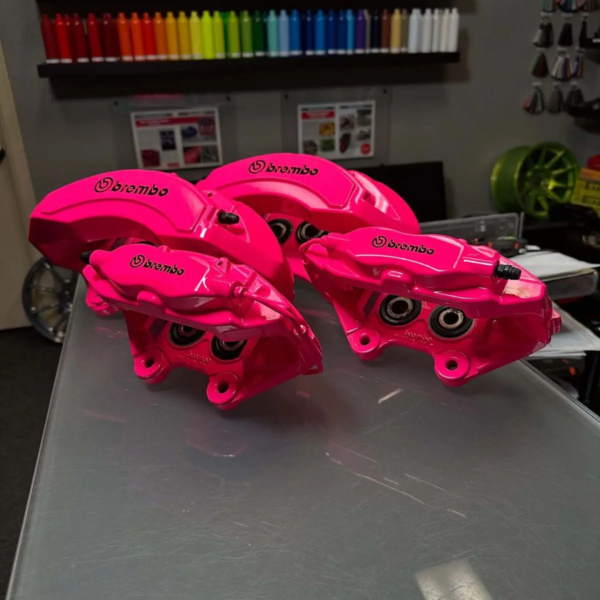 2014 Jeep Grand Cherokee SRT brake calipers rebuild and powder coated in Sassy Pink with High Gloss Clear
