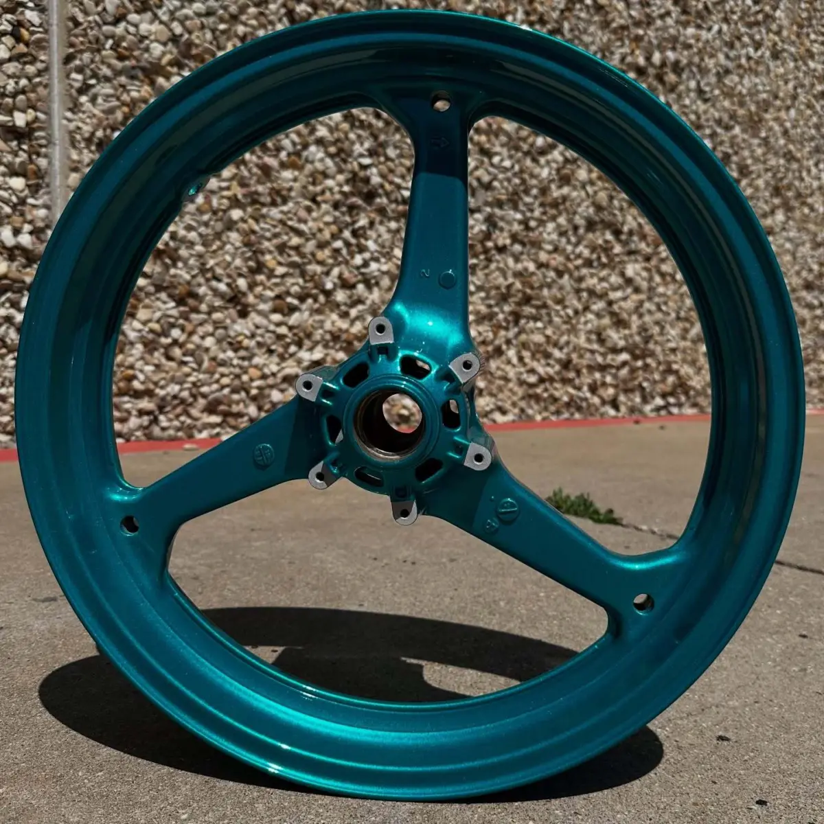 Sportbike wheels powder coated Candy Teal over Heavy Silver