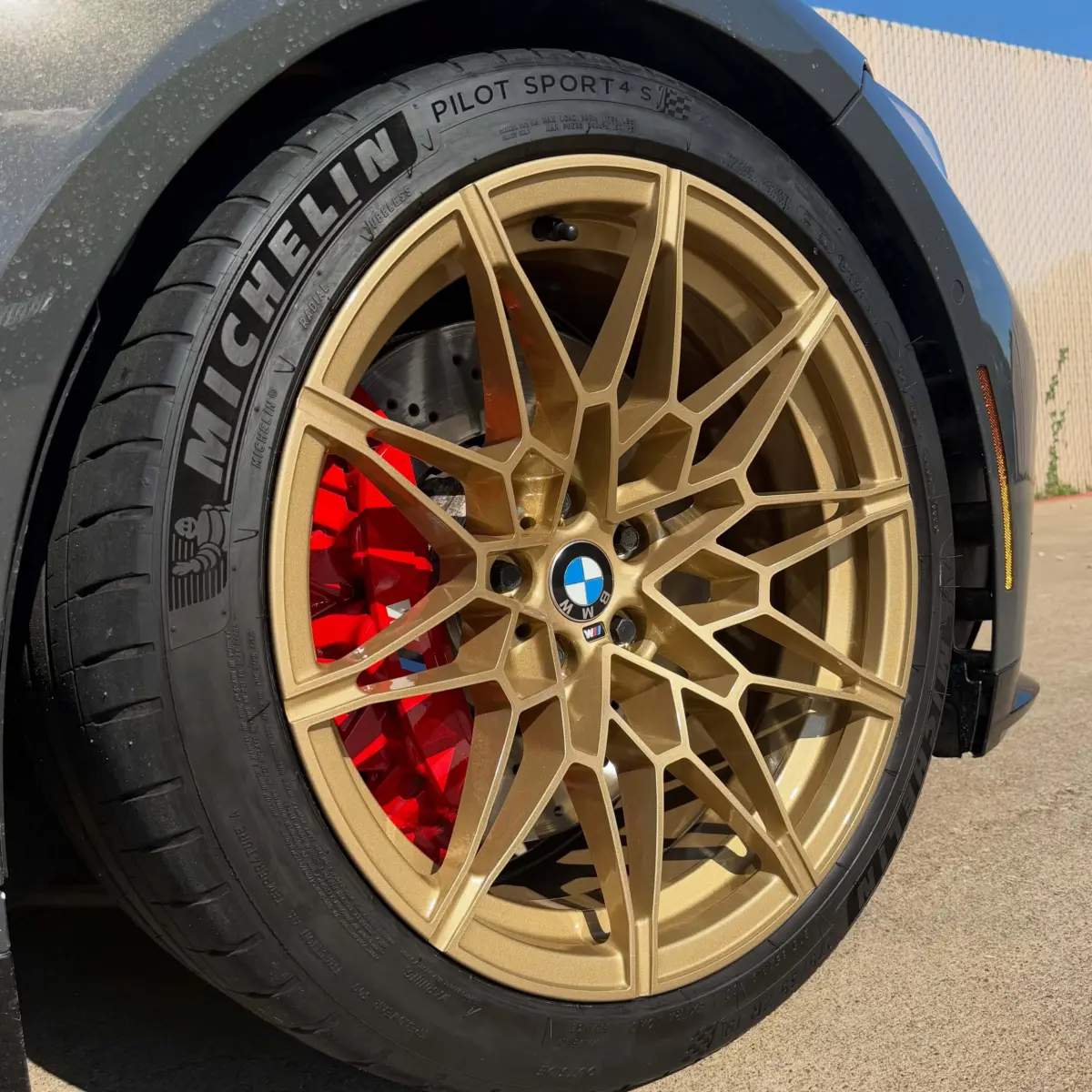 BMW M4 Competition wheels powder coated in Waltz Gold with High Gloss Clear