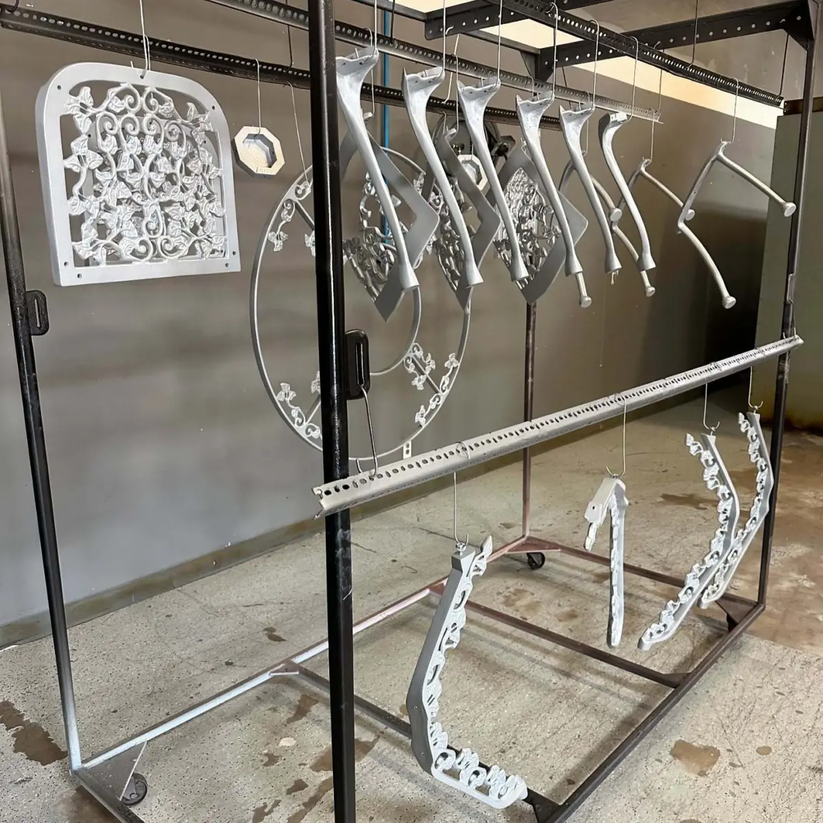 Cast aluminum patio furniture sandblasted and powder coated with a primer and @prismaticpowders Weeping Silver