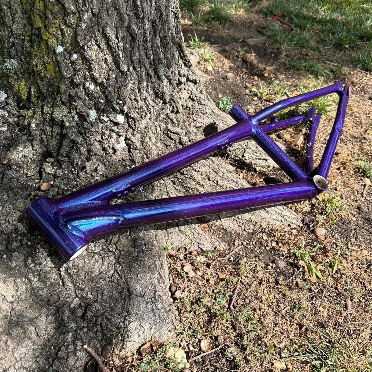 Bicycle frame powder coated in @prismaticpowders Dirty Magic over Super Chrome