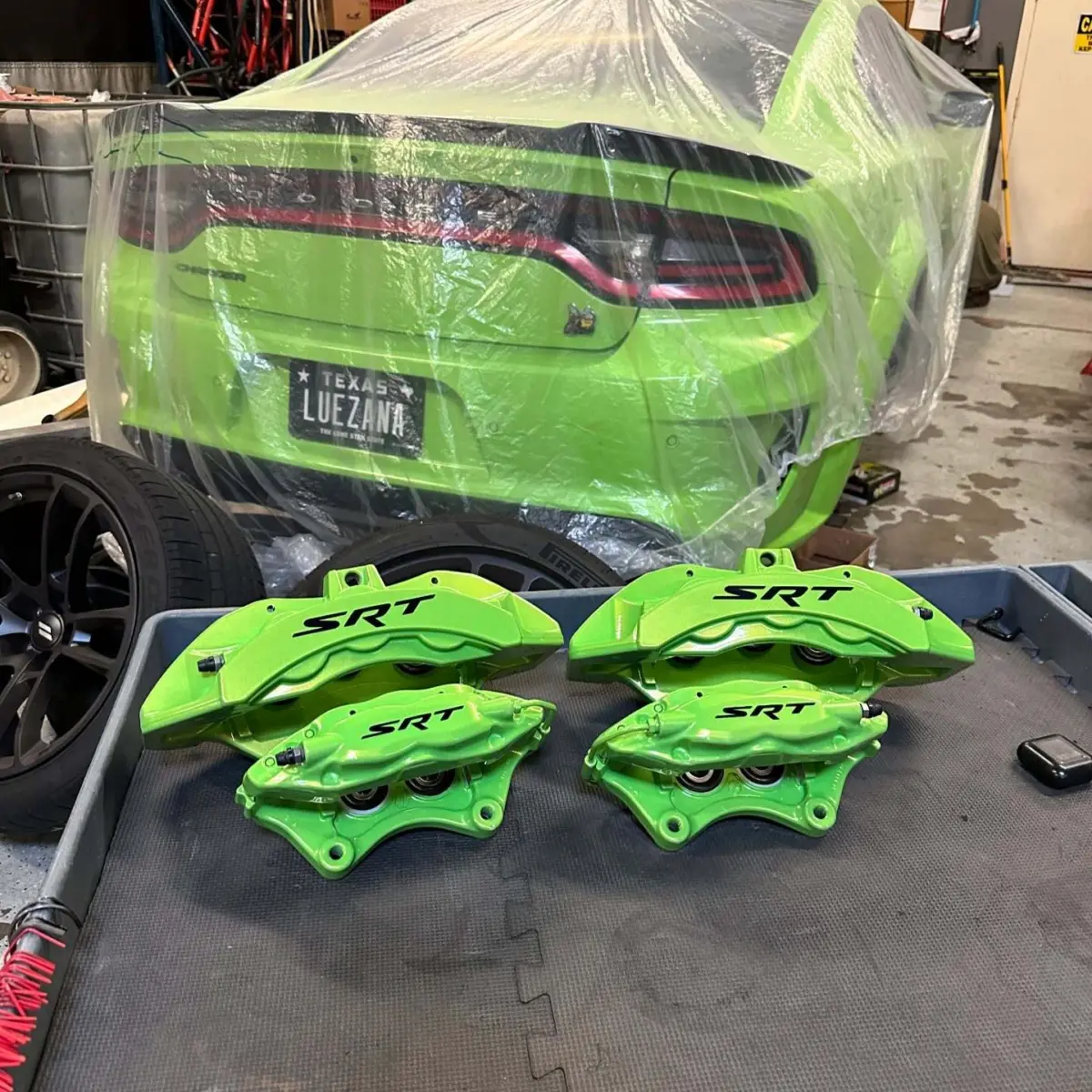 Brake calipers powder coated to match Dodge Sublime Green