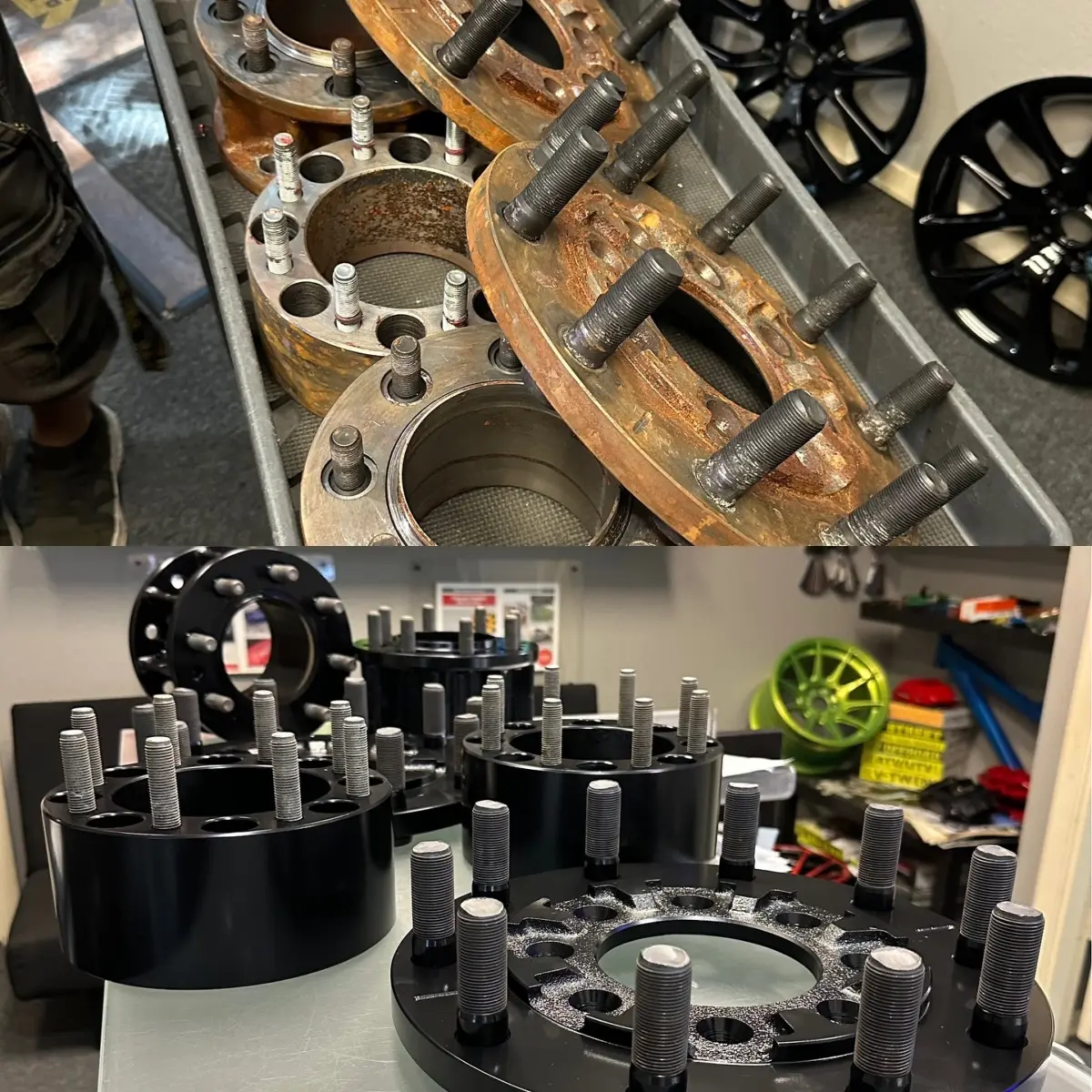 Before and after on a set of heavy duty truck spacers. Gloss Black Cerakote was chosen to account for the tighter tolerances while providing excellent corrosion and chemical resistance