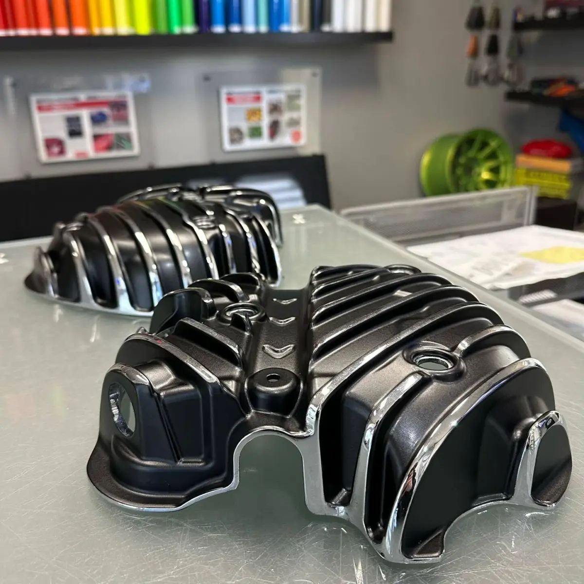 Indian motorcycle valve covers 2-toned in Matte Black with Chrome accents