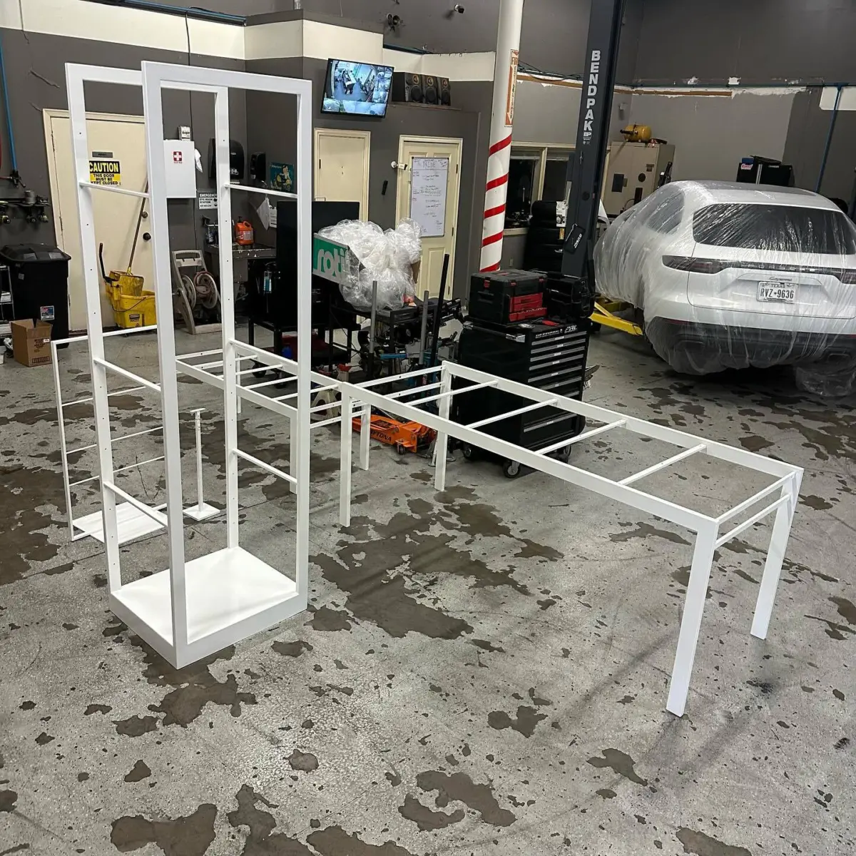 Store display racks powder coated Bengal White