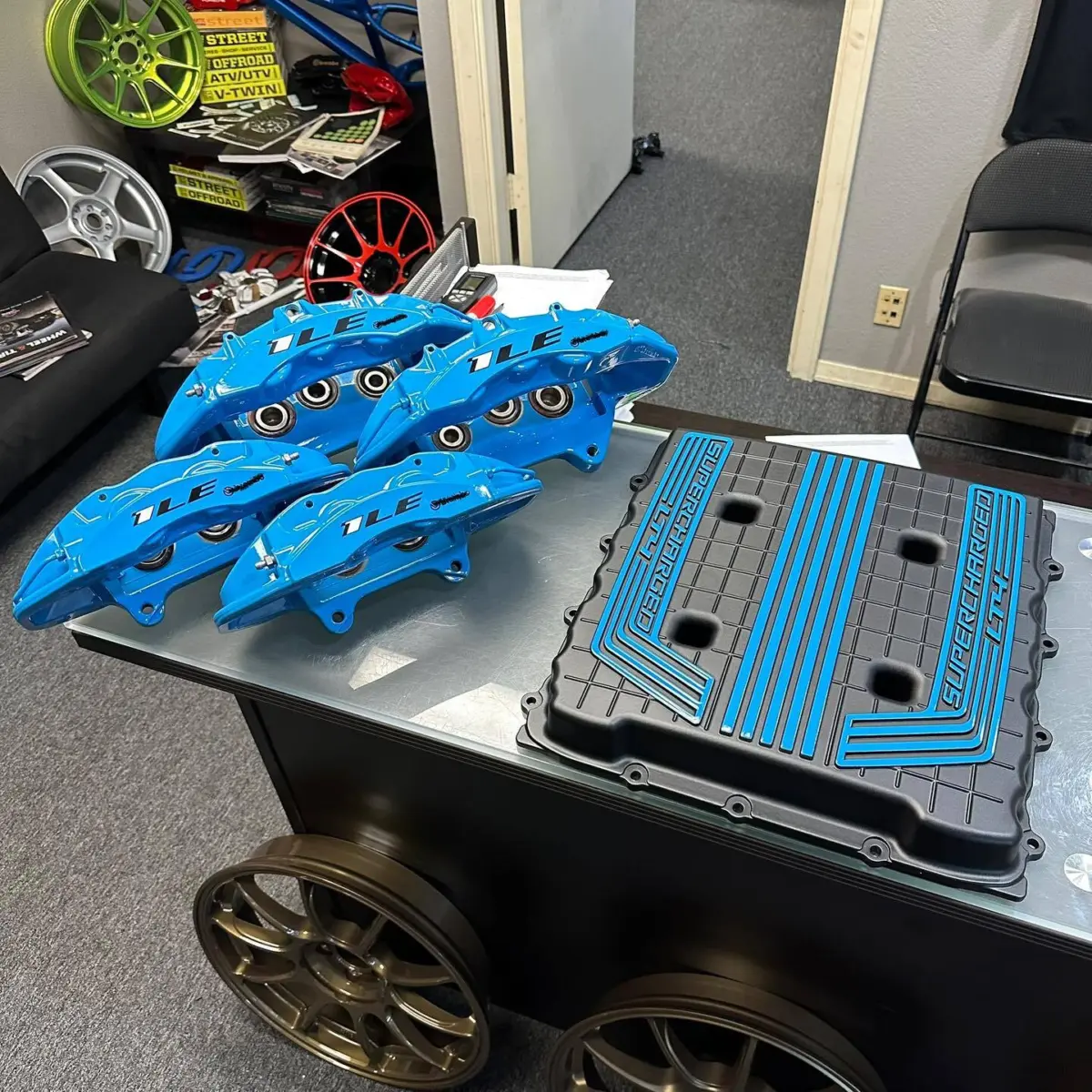 Brake calipers and supercharger lid mailed in from New Hampshire, powder coated to match Chevrolets “Rapid Blue.”