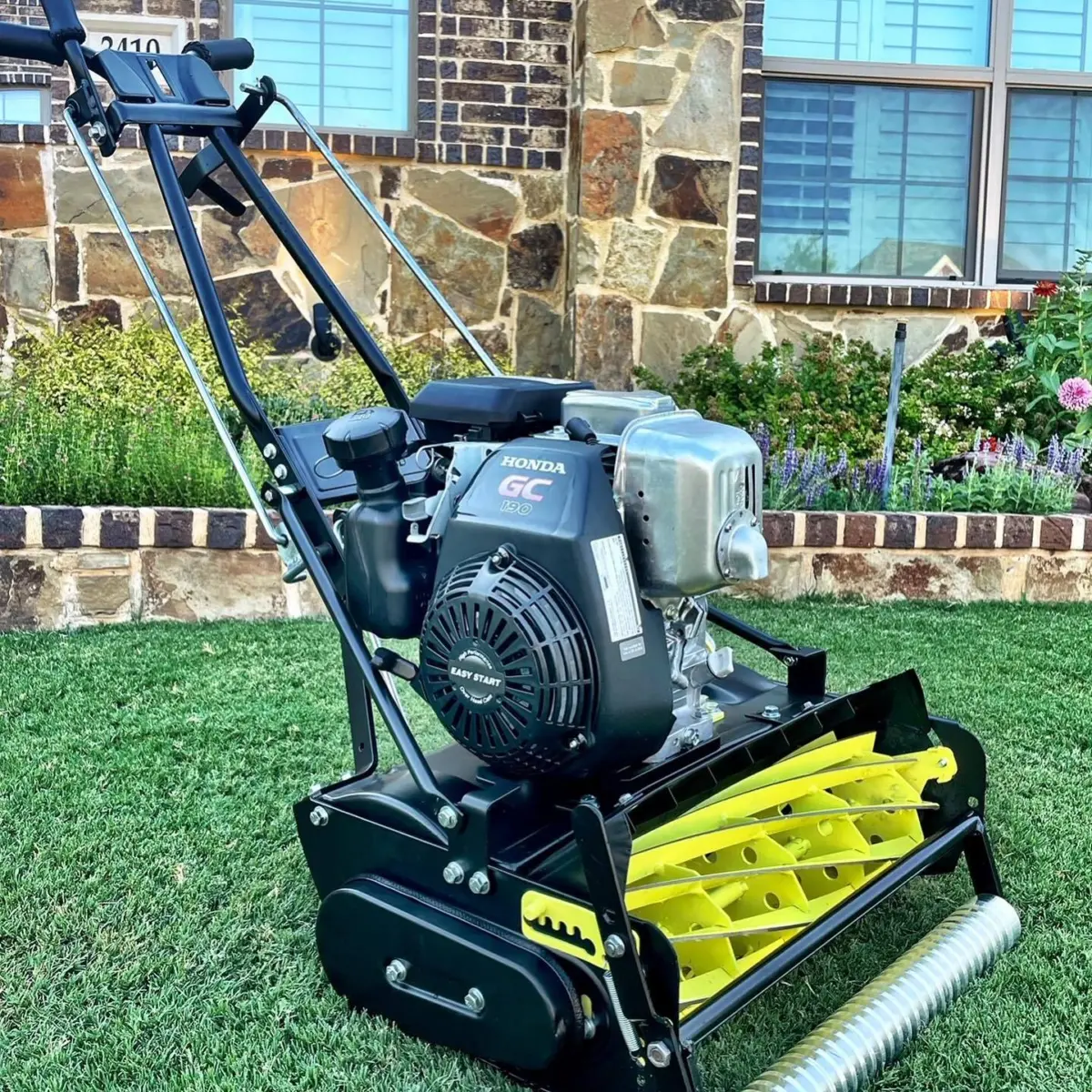 McLane Reel Mower refinished in Denim Black and Sulfur Yellow