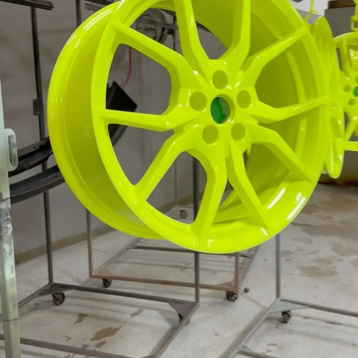 Ford focus wheels refinished in Neon Yellow with High Gloss Clear