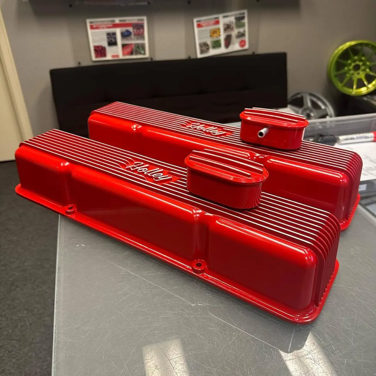 Holley Valve covers refinished in @prismaticpowders Hard Red