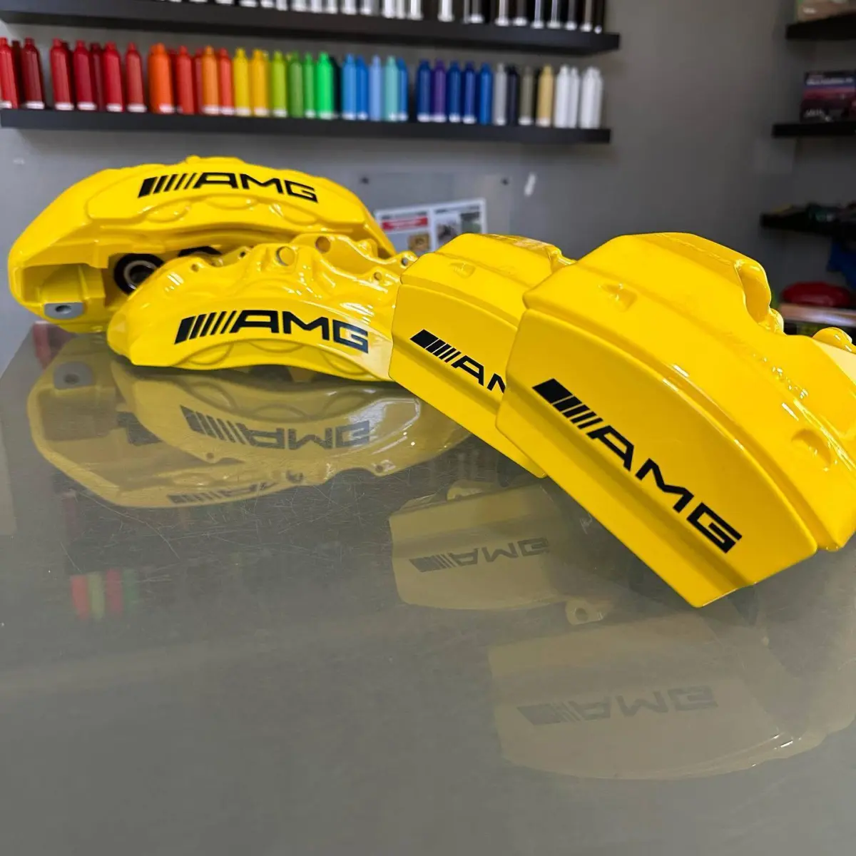 2019 Mercedes AMG c63s brake calipers refinished in Hot Yellow with High Gloss Clear