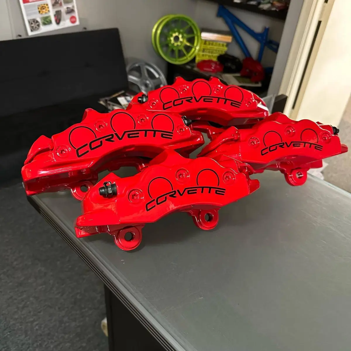 C6 Corvette brake calipers refinished in our popular OEM Red with High Gloss Clear