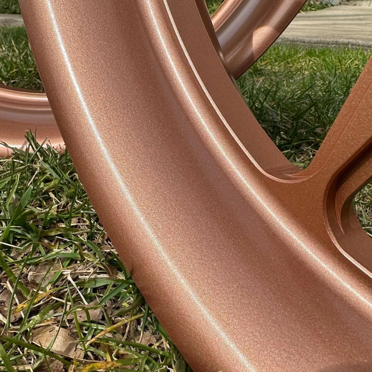 Motorcycle wheels refinished in Fireside Copper with Soft Clear