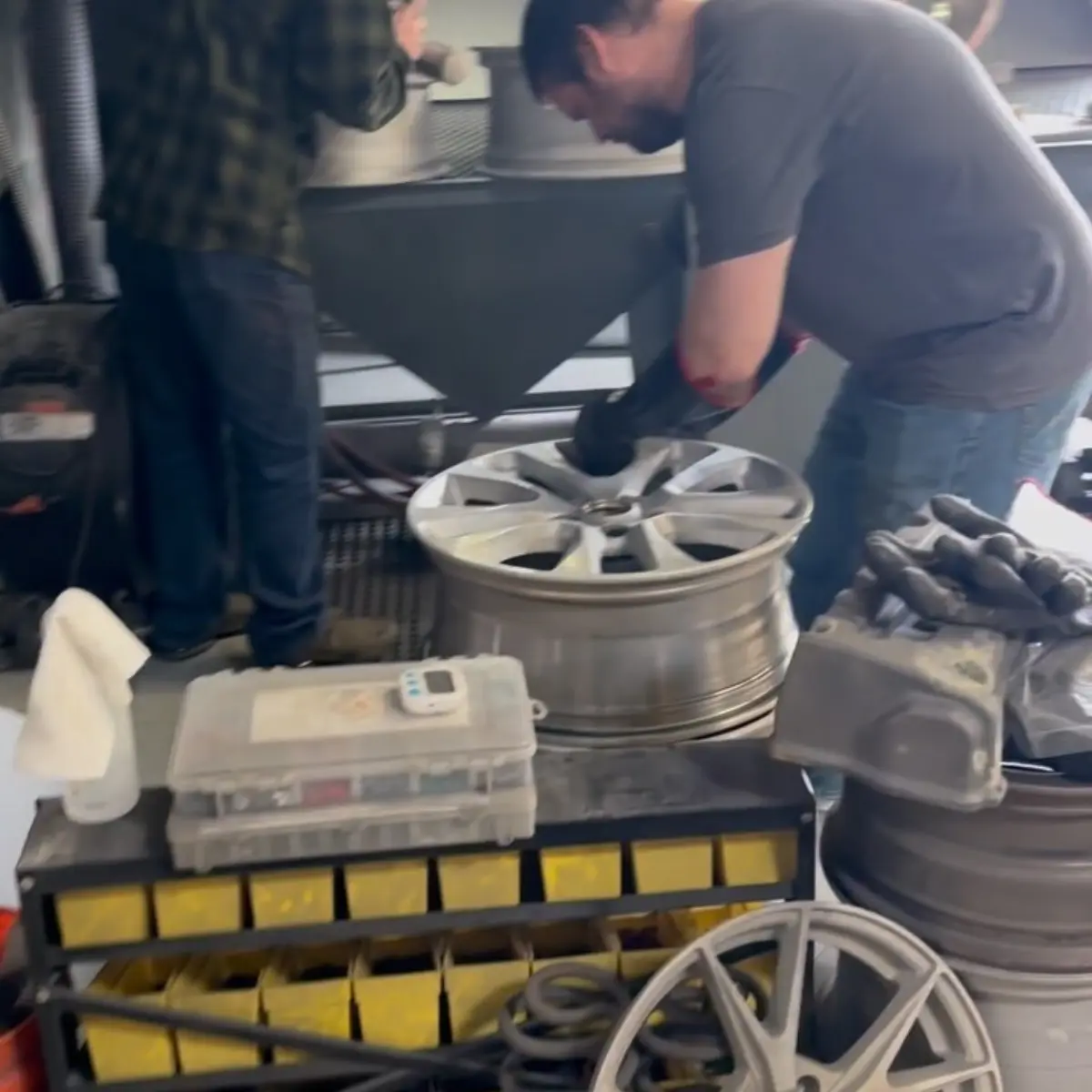 Thank you for keeping us wheelie busy! Every wheel is chemically stripped before sandblasting for the best looking most durable finish possible. We do not burn powder coat off with a torch. We do not just sand the faces. We do what is required to get