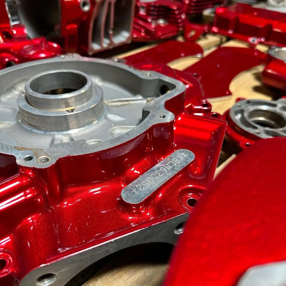 Harley Davidson engine cases and accents powder coated in a custom color matched red for @northtexasvtwin