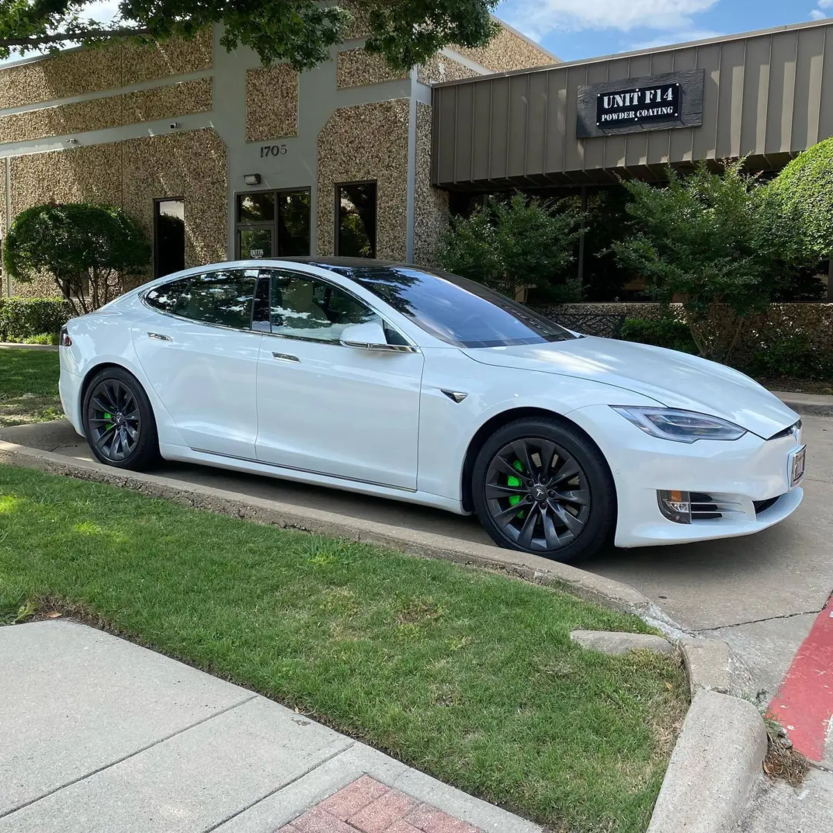 Tesla Model S brake calipers powder coated Neon Green with High Gloss Clear