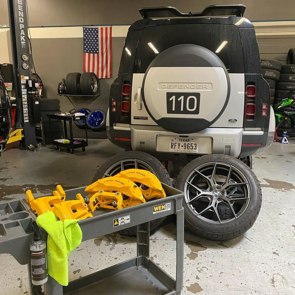 Land Rover Defender in for yellow powder coated brake calipers!