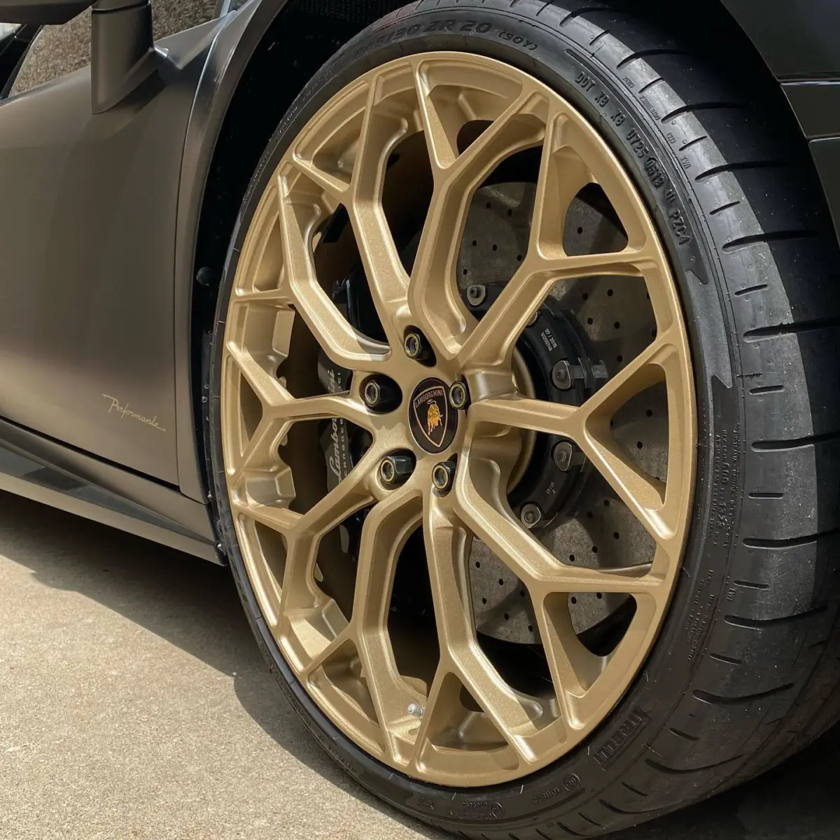 Lamborghini wheels refinished in a Satin Champagne Gold for @jotechmotorsports