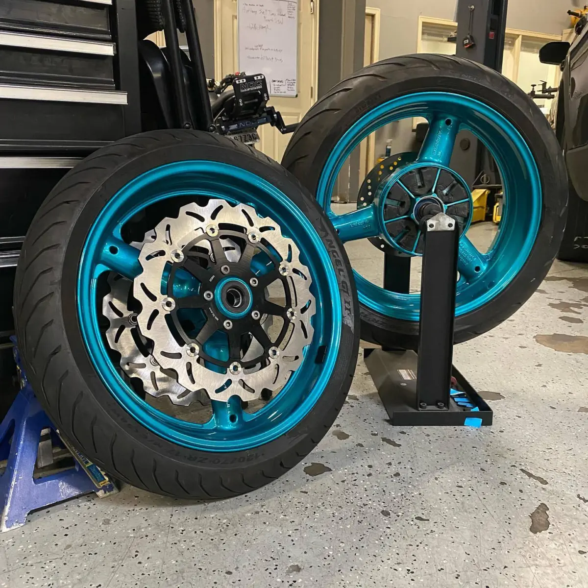 Sport bike wheels refinished in a Candy Teal