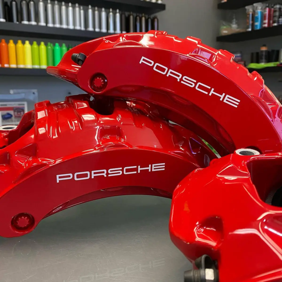 Porsche brake calipers refinished in our popular Bengal Red with High Gloss Clear