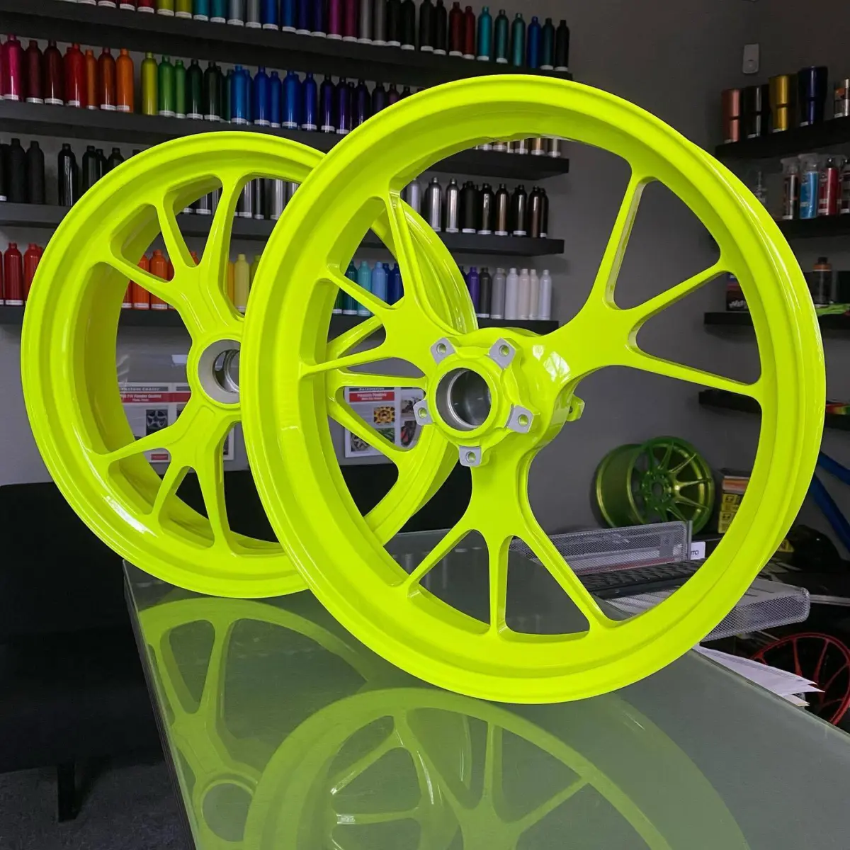Ducati wheels refinished in @prismaticpowders Neon Yellow with High Gloss Clear. Pictures do not do this color justice!