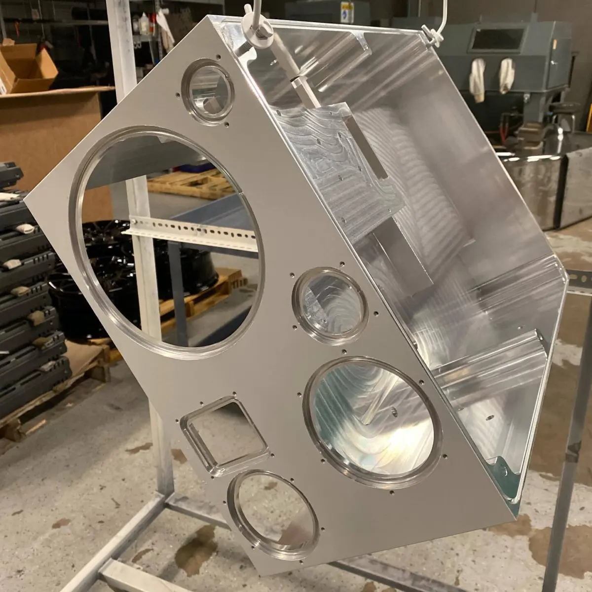 Rush job with lots of tedious details. Masking before and after sandblasting to preserve critical mating surfaces. Powder coated in a texture grey