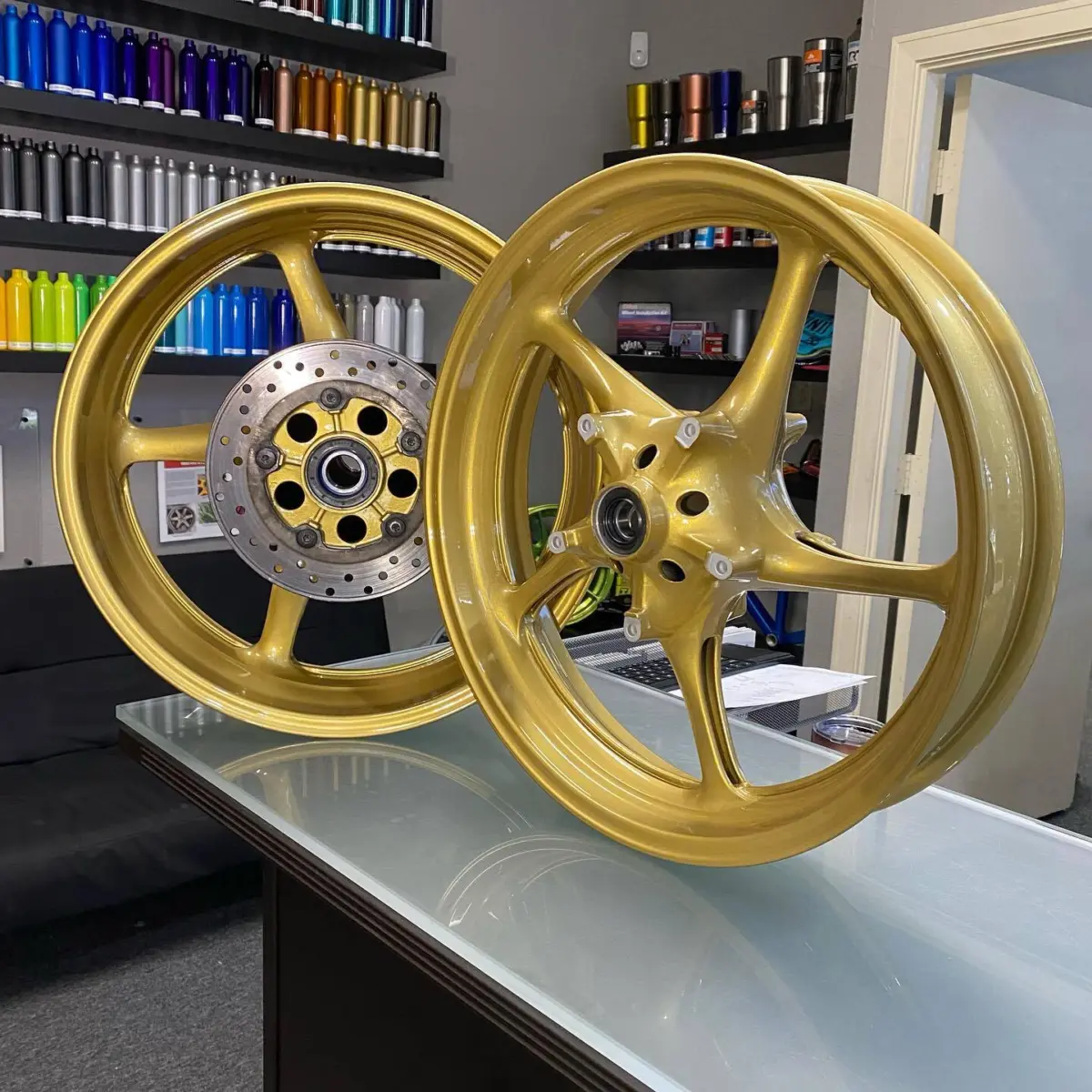 Sport bike wheels refinished in a Metallic Gold with High Gloss Clear