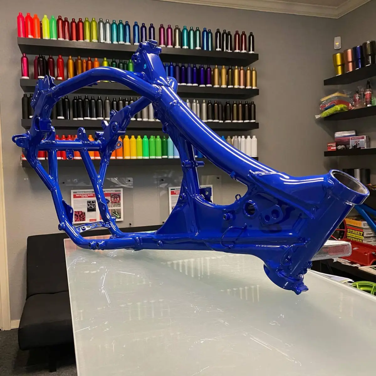 Yamaha motorcycle frame refinished in Signal Blue with High Gloss Clear
