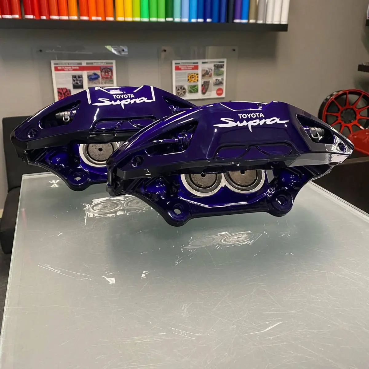 Toyota Supra brake calipers refinished in Illusion Purple