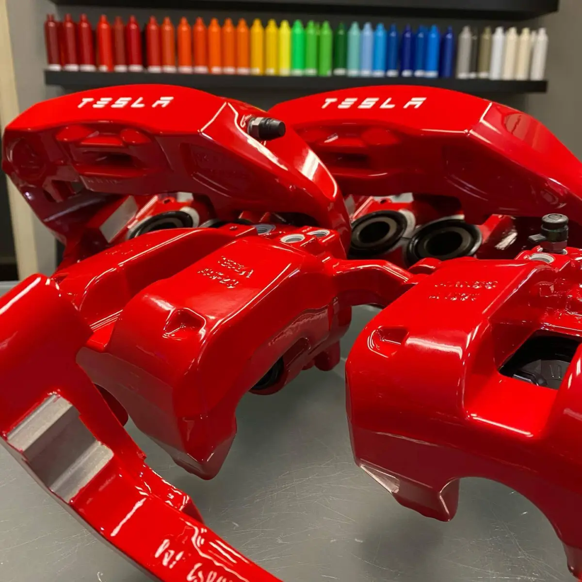 Tesla Model Y in for powder coated brake calipers