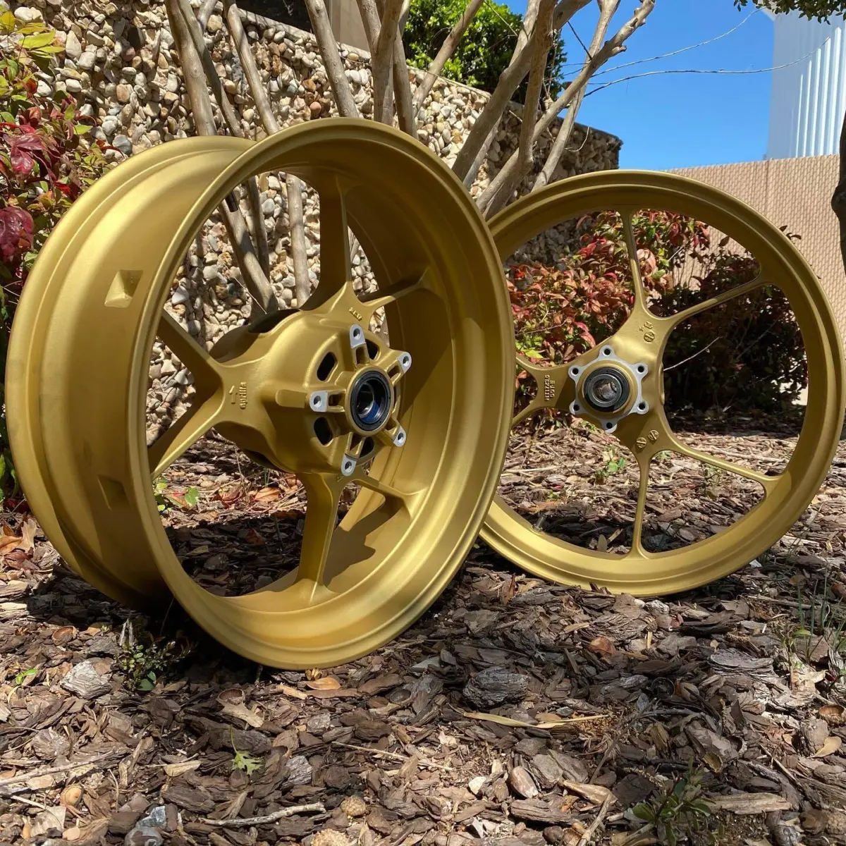 Sport bike wheels refinished in a Matte Metallic Gold