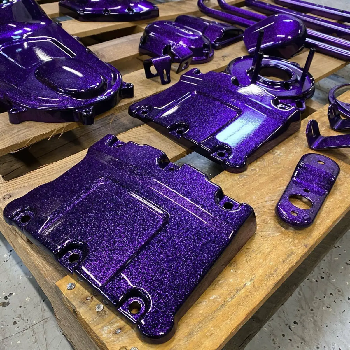 Harley Davidson parts refinished in Disco Purple for @jeff.oldskool.plumber