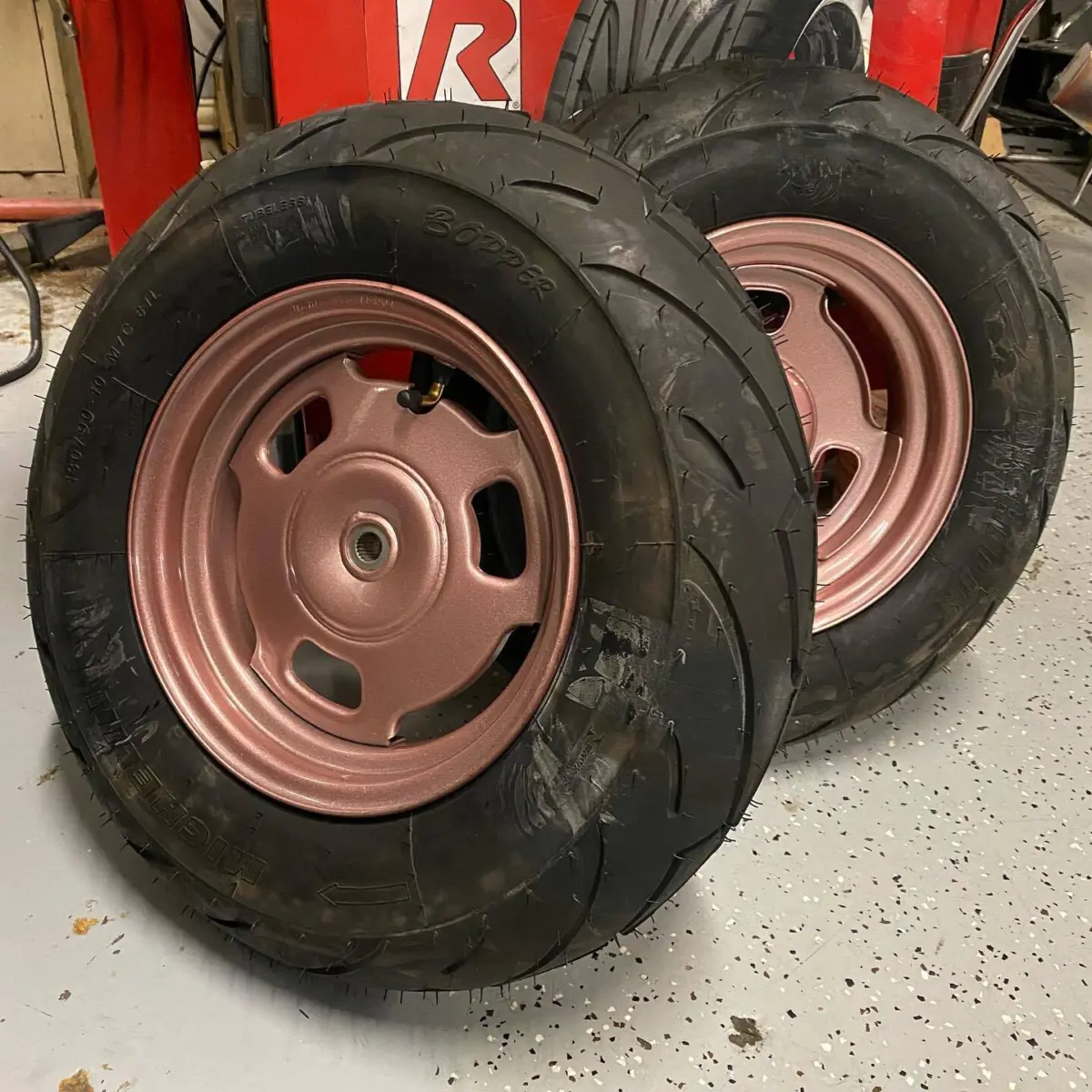 Honda Ruckus wheels refinished in Rose Gold