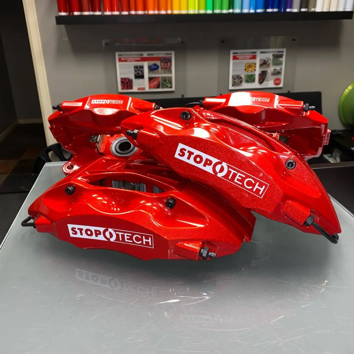 Stop tech brake calipers refinished in Illusion Red for @rated_pg86