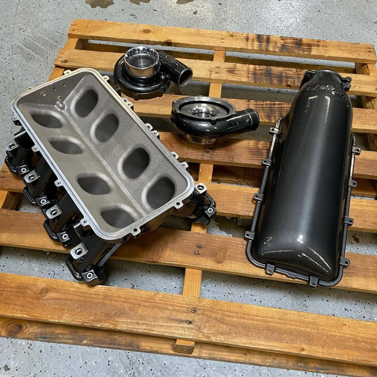Precision Turbo cold sides and Holley intake manifold powder coated in a Dark Metallic Gunmetal
