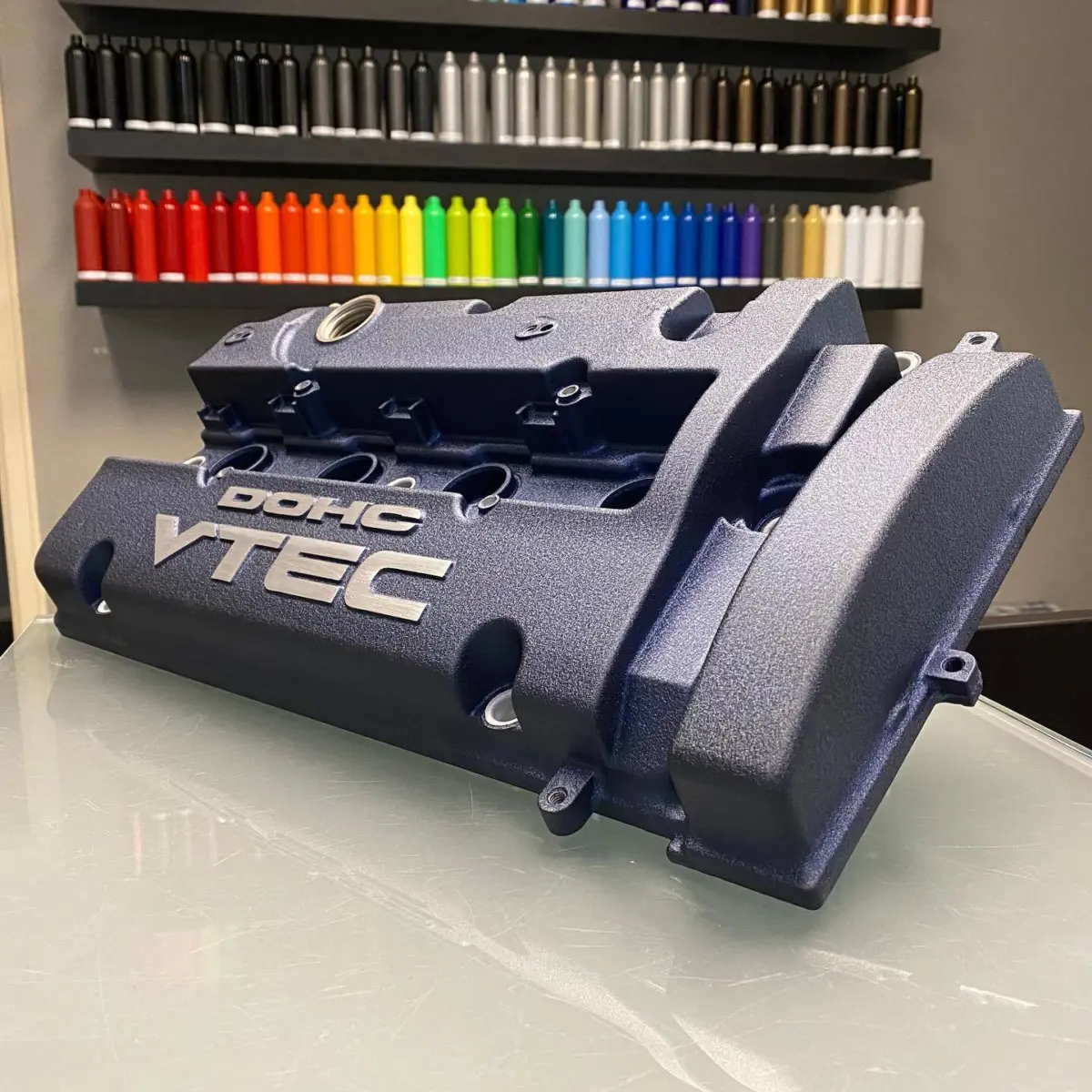 Valve cover refinished in a wrinkle blue