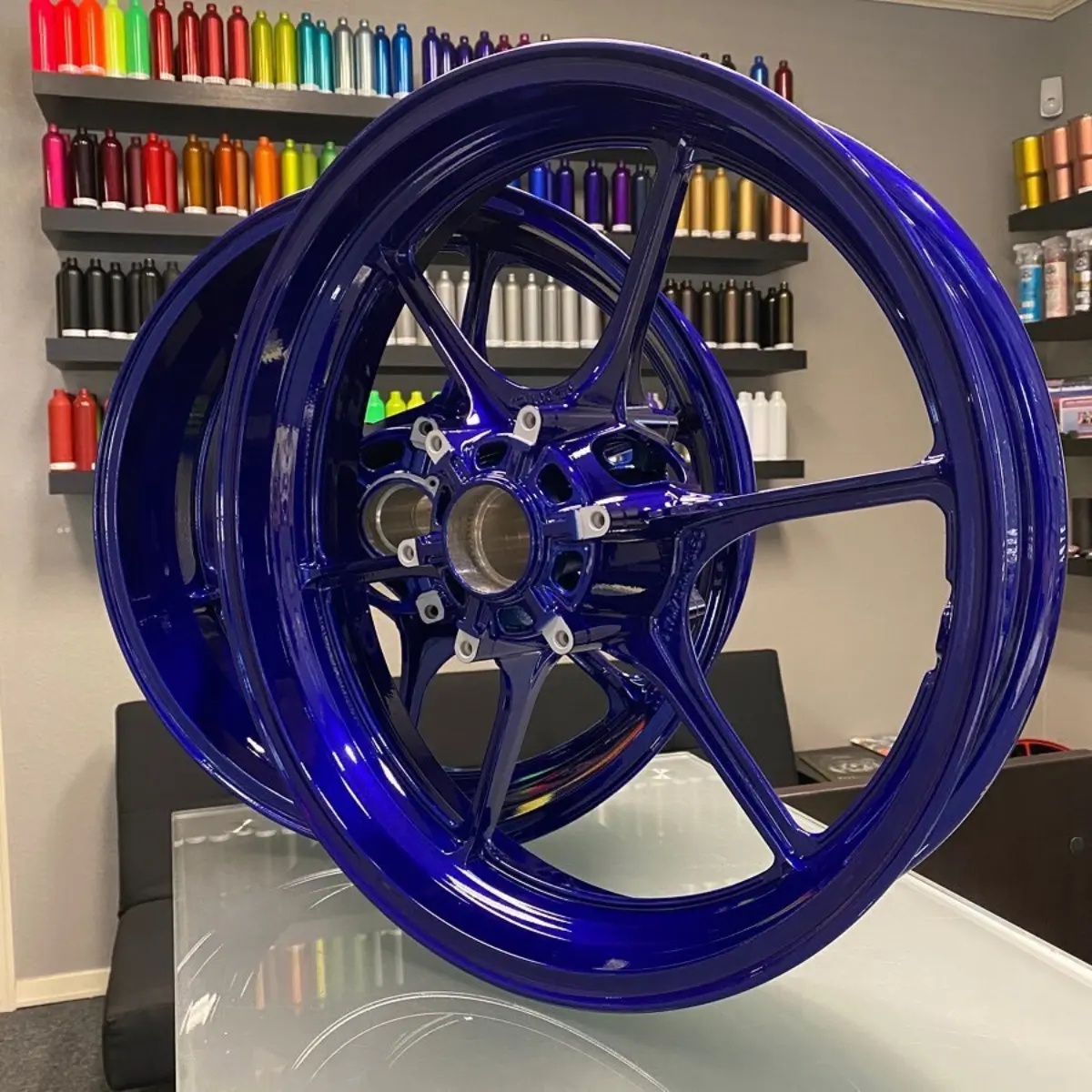 Motorcycle wheels refinished in Illusion Royal