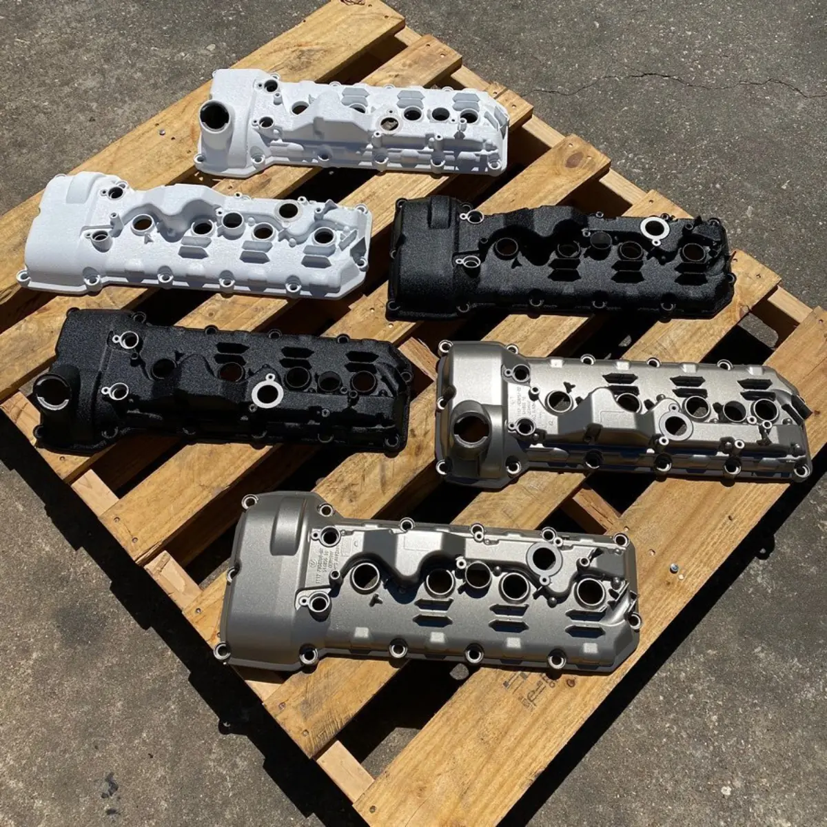 BMW M3 valve covers refinished for @mporium_bmw. Wrinkle White, Wrinkle Black, and Satin Titanium