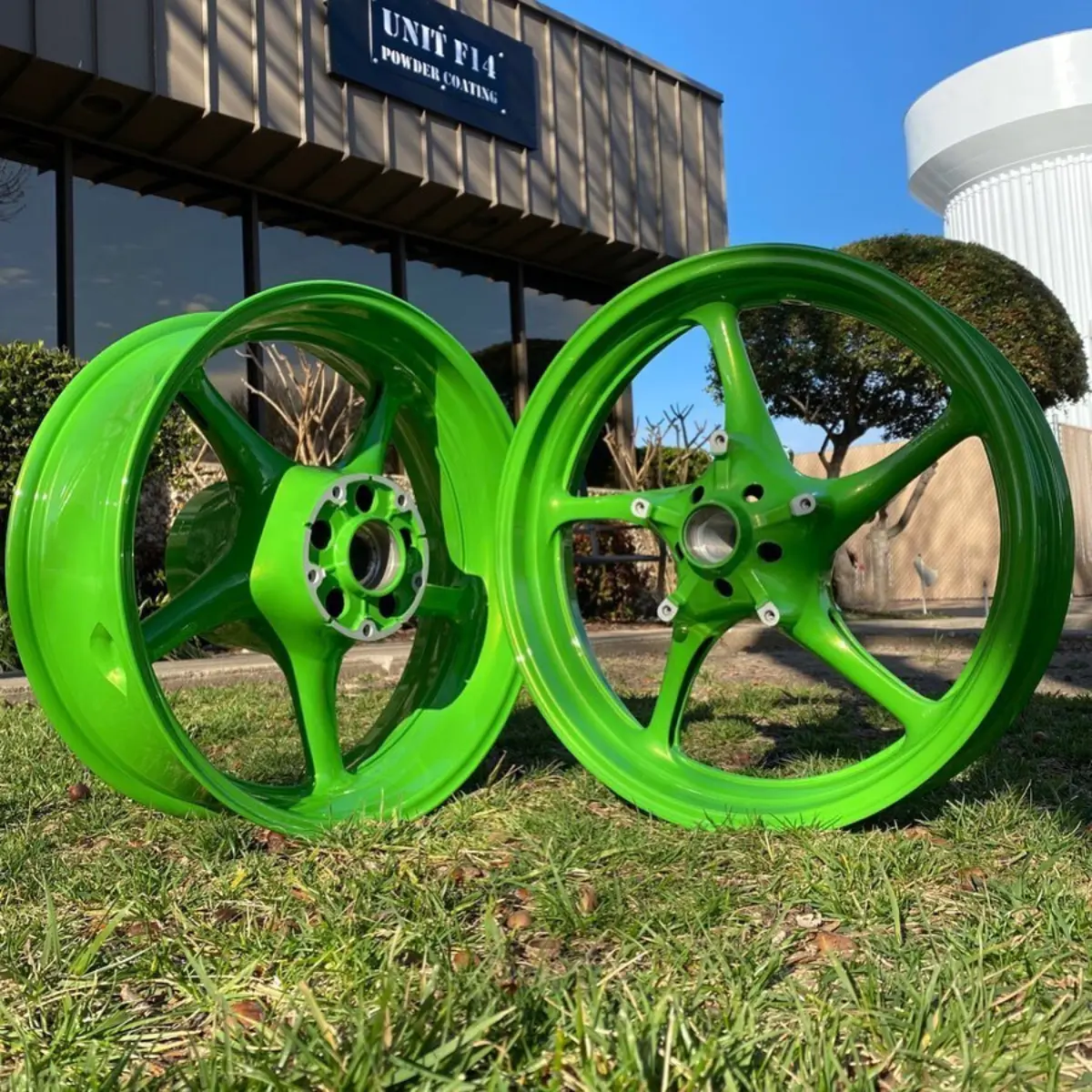 Sport bike wheels refinished in Lime Juice Green