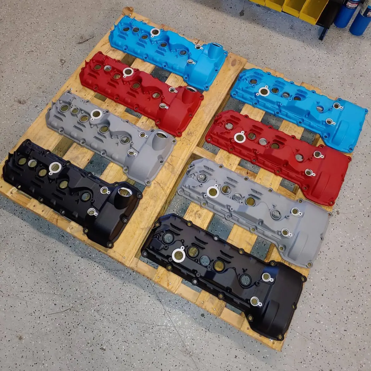 BMW M3 Valve Covers refinished for @mporium_bmw. Rainbow Blue, Dessert Red, Rhino Grey and Texture Black