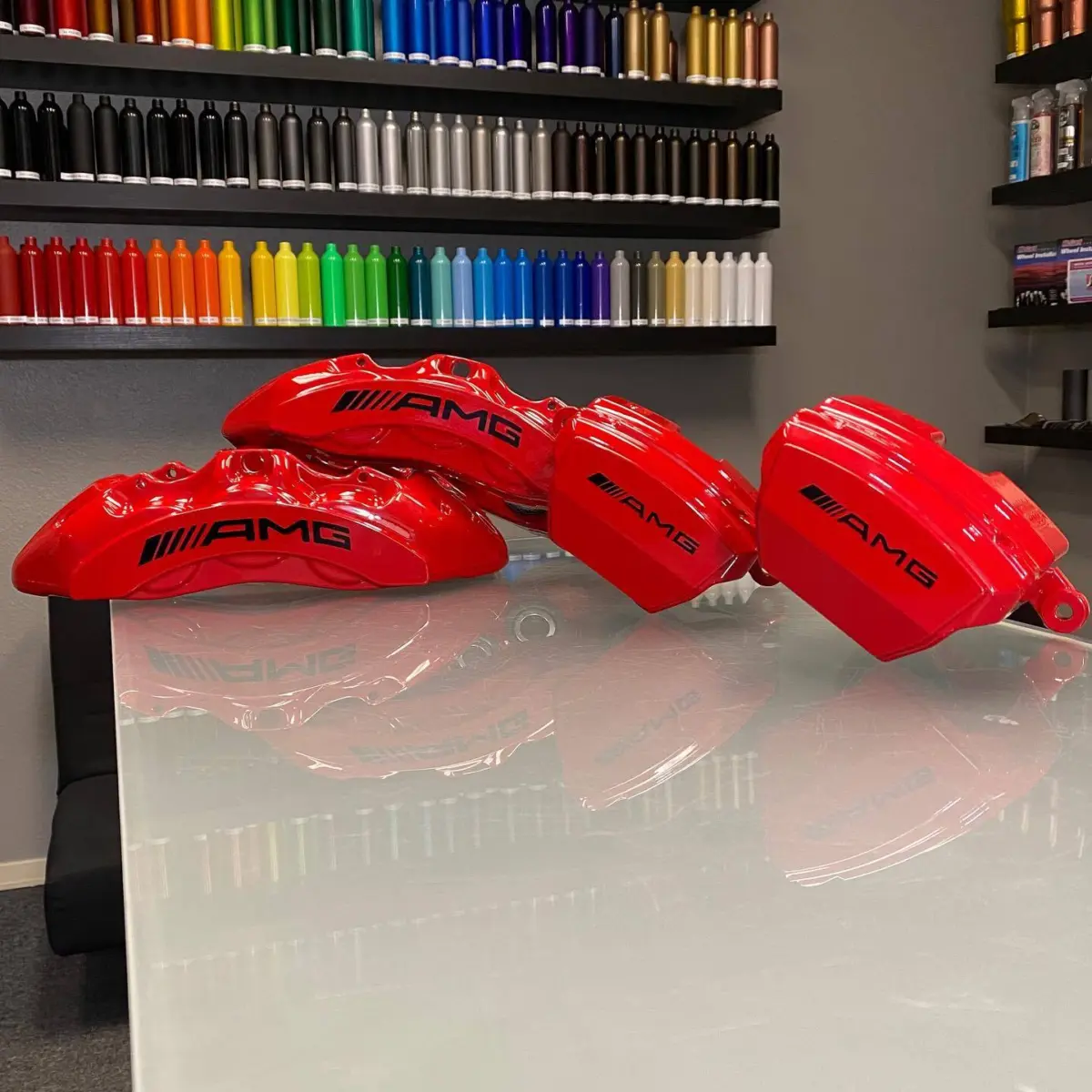 Mercedes AMG brake calipers refinished in Bengal Red with High Gloss Clear